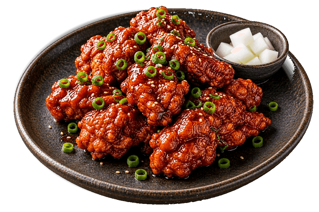 Golden crispy double-fried Korean fried chicken with sweet glaze and sesame garnish