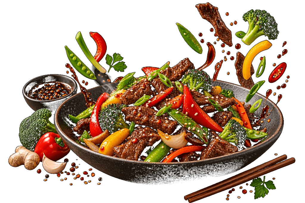 Fresh wok-tossed Asian stir fry with vibrant greens and savory glaze