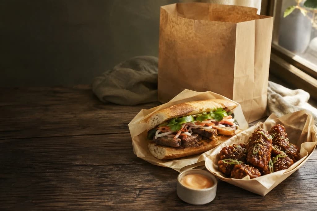 Tasty & Co takeaway meal with freshly prepared banh mi, glazed chicken wings, and kraft takeaway bag