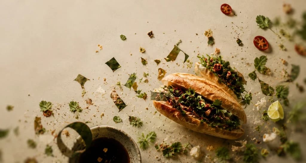 Fresh crispy banh mi and Asian fusion specialties on parchment table
