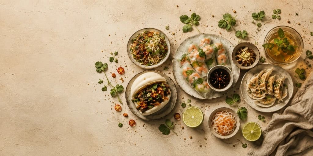 Warm dining room table setting with fresh dishes at Tasty & Co