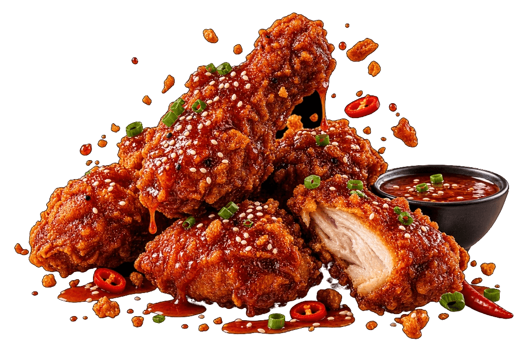 Korean Fried Chicken on dark ceramic plate with pickled daikon