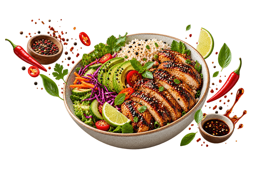 Fresh Asian fusion grilled chicken bowl with avocado, red cabbage, lime, chili and dipping sauce at Tasty & Co in Rosewater