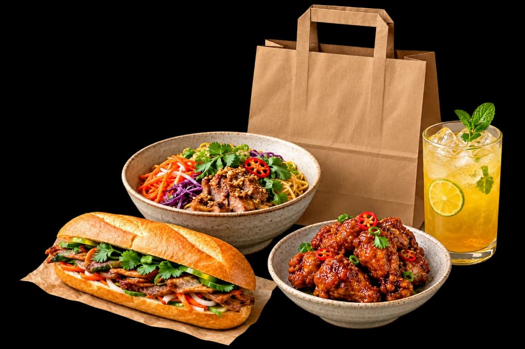 Tasty & Co takeaway meal with freshly prepared banh mi, glazed chicken wings, and kraft takeaway bag