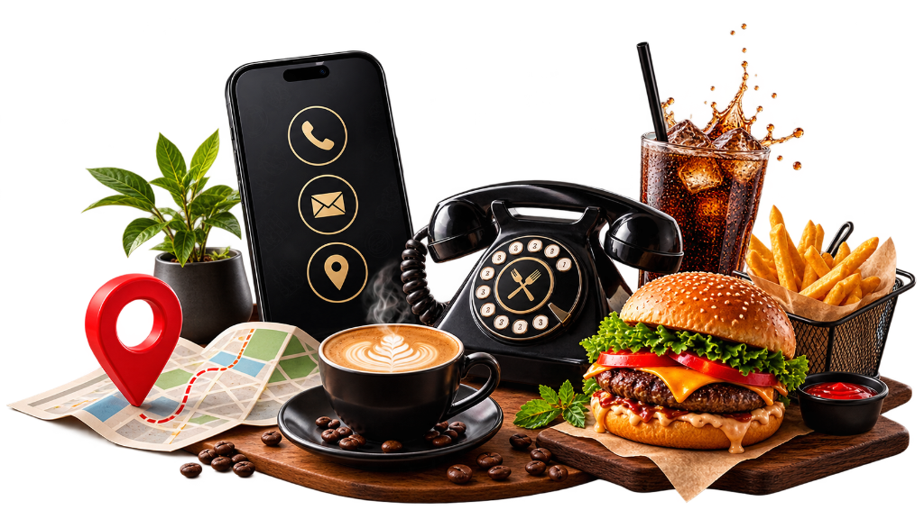 Tasty & Co contact methods, phone, location pin, coffee, burger and drinks