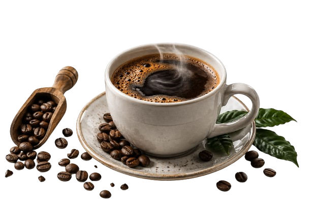 Steaming cup of barista espresso coffee with roasted coffee beans and scoop