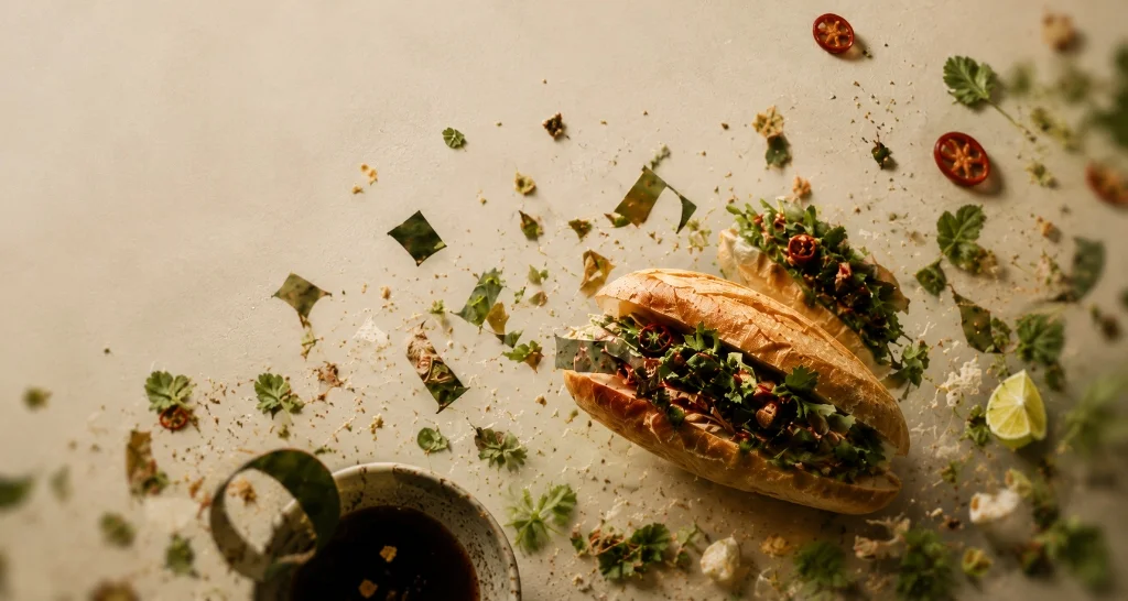 Fresh crispy banh mi and Asian fusion specialties on parchment table