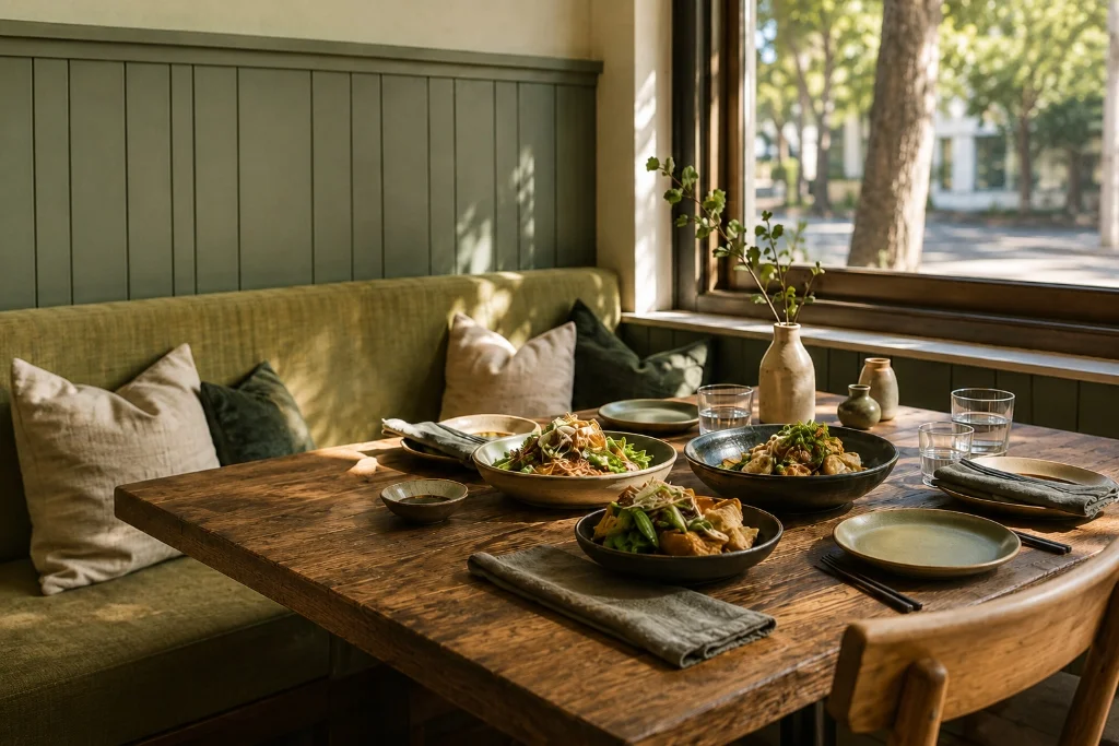 Tasty & Co warm restaurant dining room interior with wooden tables, Asian dishes, and window seating in Rosewater