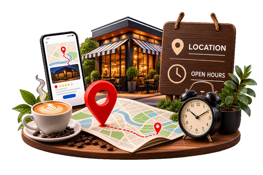 Tasty & Co location, restaurant storefront, opening hours clock and navigation map