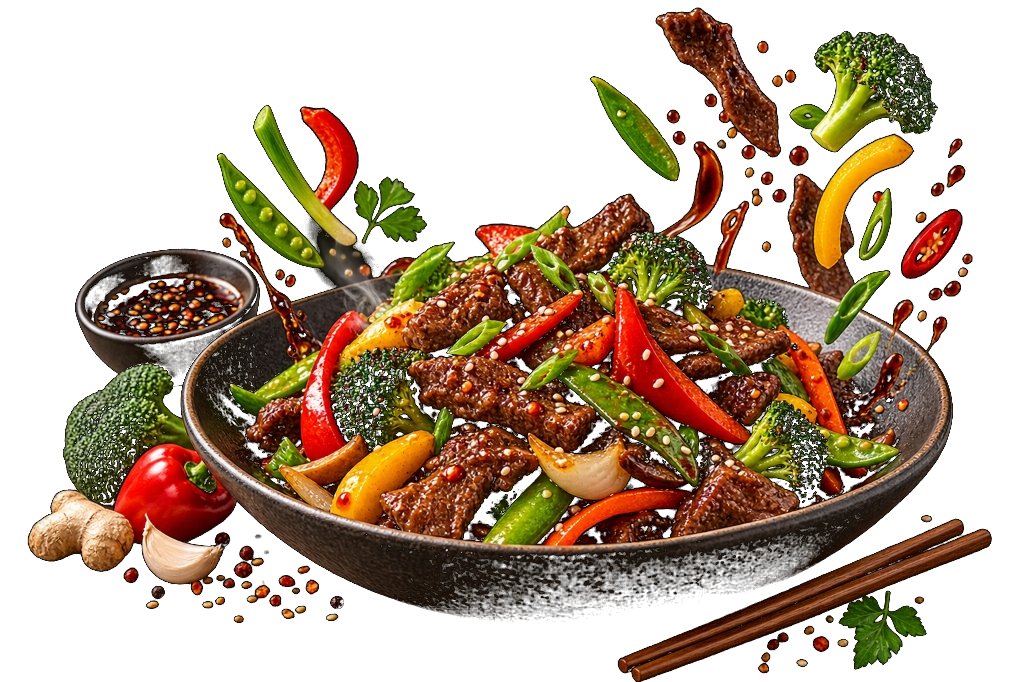 Fresh wok-tossed Asian stir fry with vibrant greens and savory glaze