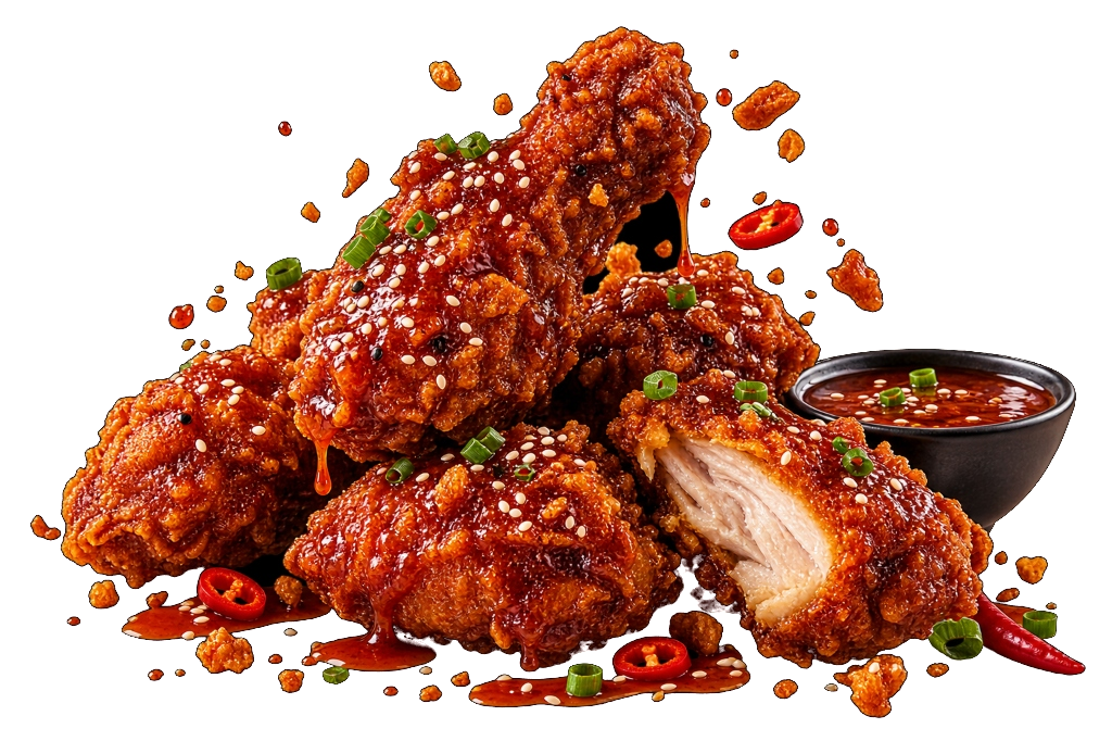 Korean Fried Chicken on dark ceramic plate with pickled daikon