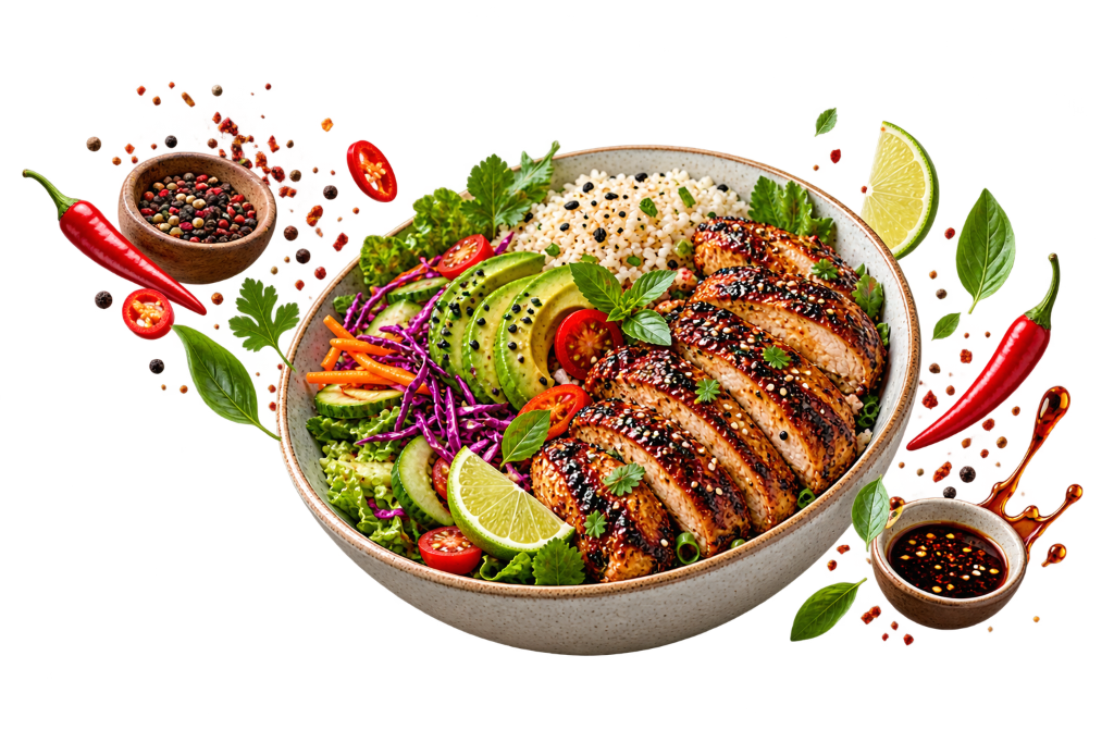 Authentic vermicelli noodle bowl with herbs, peanuts, and grilled toppings