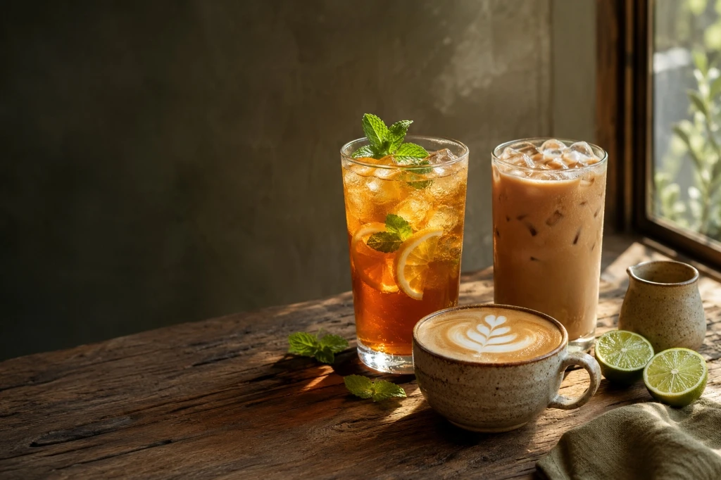 Iced citrus fruit tea, iced coffee, and latte art coffee mug with fresh limes on rustic timber table