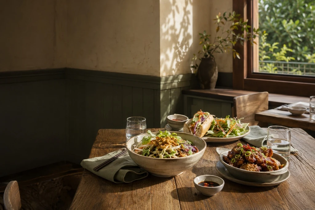 Warm dining room table with noodle bowl, salad, and Korean chicken near sunny window